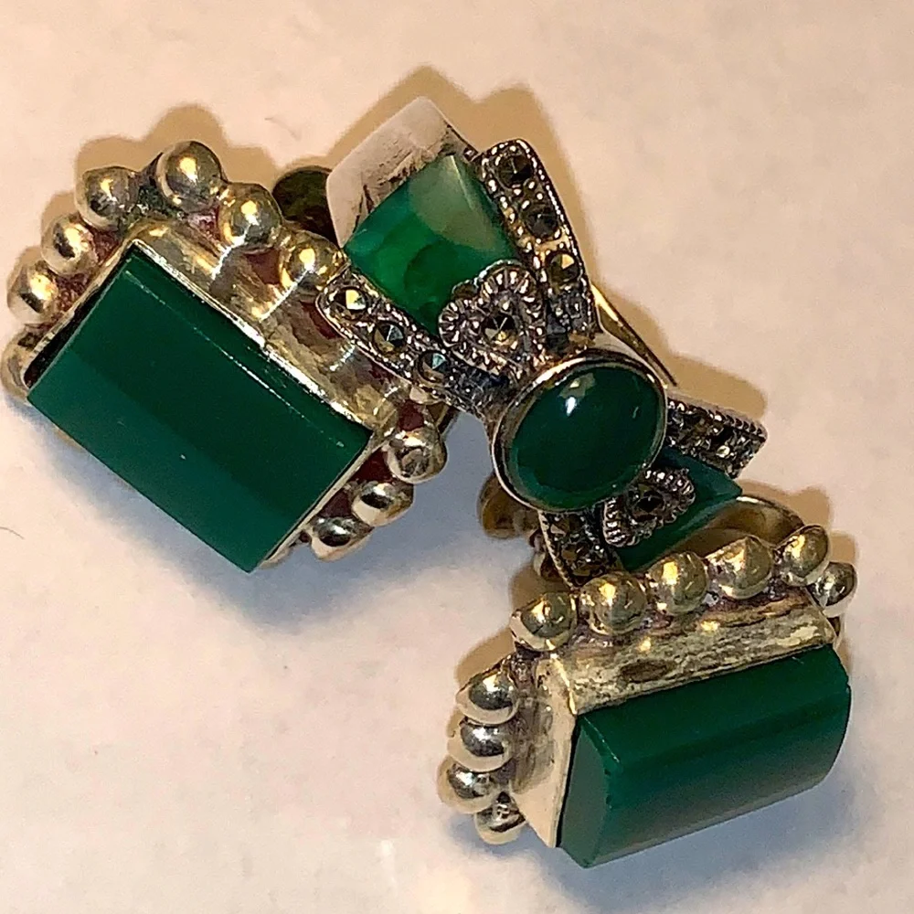 GORGEOUS STERLING SILVER vintage jade earrings & ring set - Picture 2 of 6